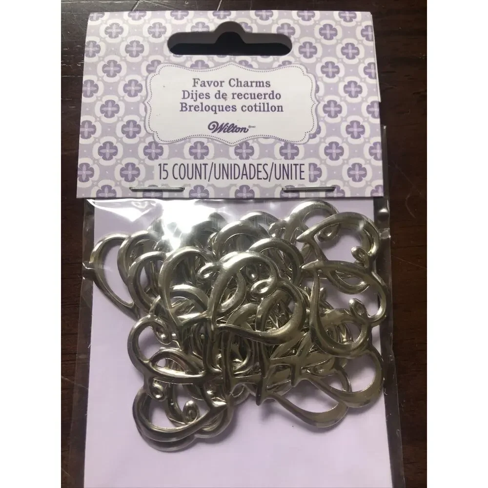 15 pack Wilton W6411 Sweetheart Charms Silver Double Hearts Wedding Cake‎ Decor